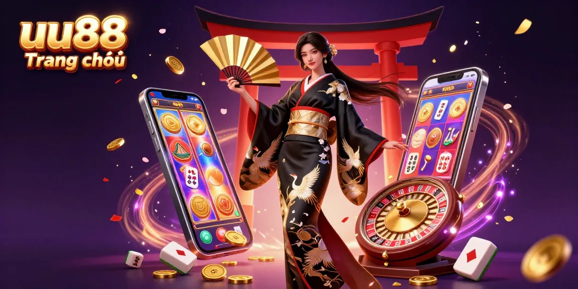 Experience the excitement at uu88 Trang chủ with an elegant casino-themed 3D illustration showcasing games and vibrant elements.