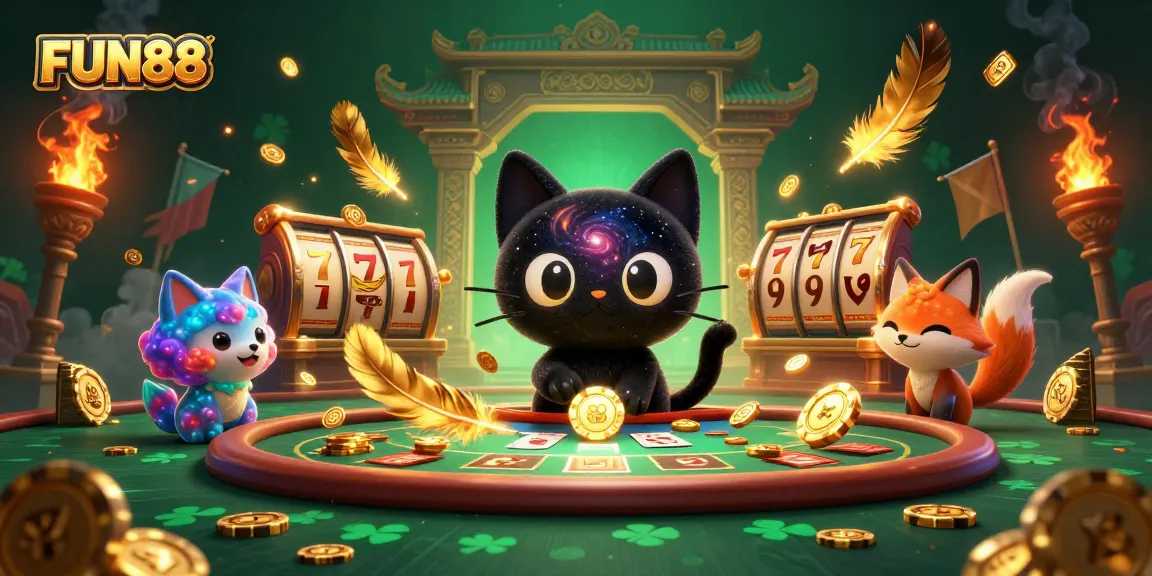 Experience FUN88's cosmic casino where a black hole cat pulls in chips amidst swirling jackpots and vibrant allies.