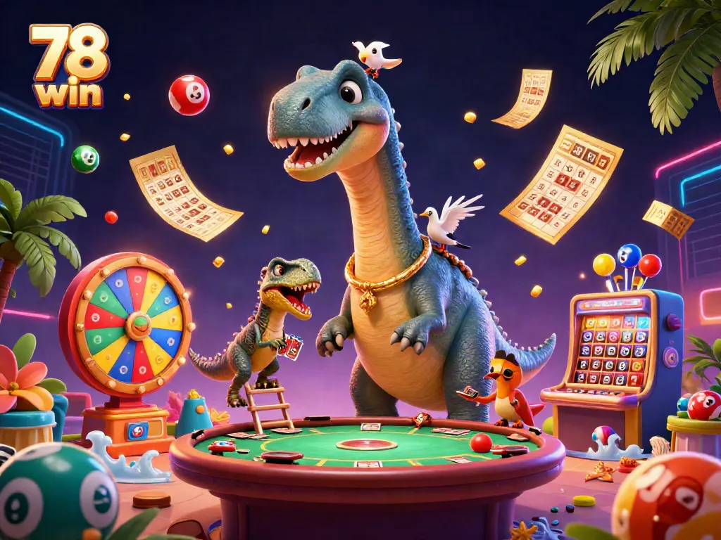 78 win brings dynamic casino fun with a giant brontosaurus and raptor dealer in a vibrant scene.