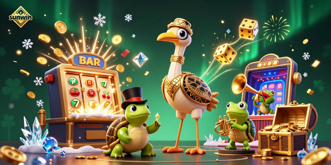 Spin to win at Sunwin with a vibrant illustration of a cartoon casino scene filled with excitement.