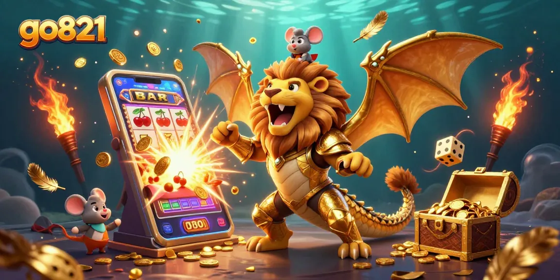 Experience exciting gameplay at go821 with a vibrant 3D casino illustration showcasing thrilling slot machine jackpots and animated characters.