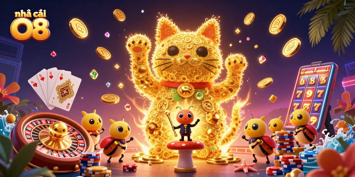 Experience the charisma of nhà cái O8 with a golden lucky cat amidst vibrant casino elements, showcasing winnings!