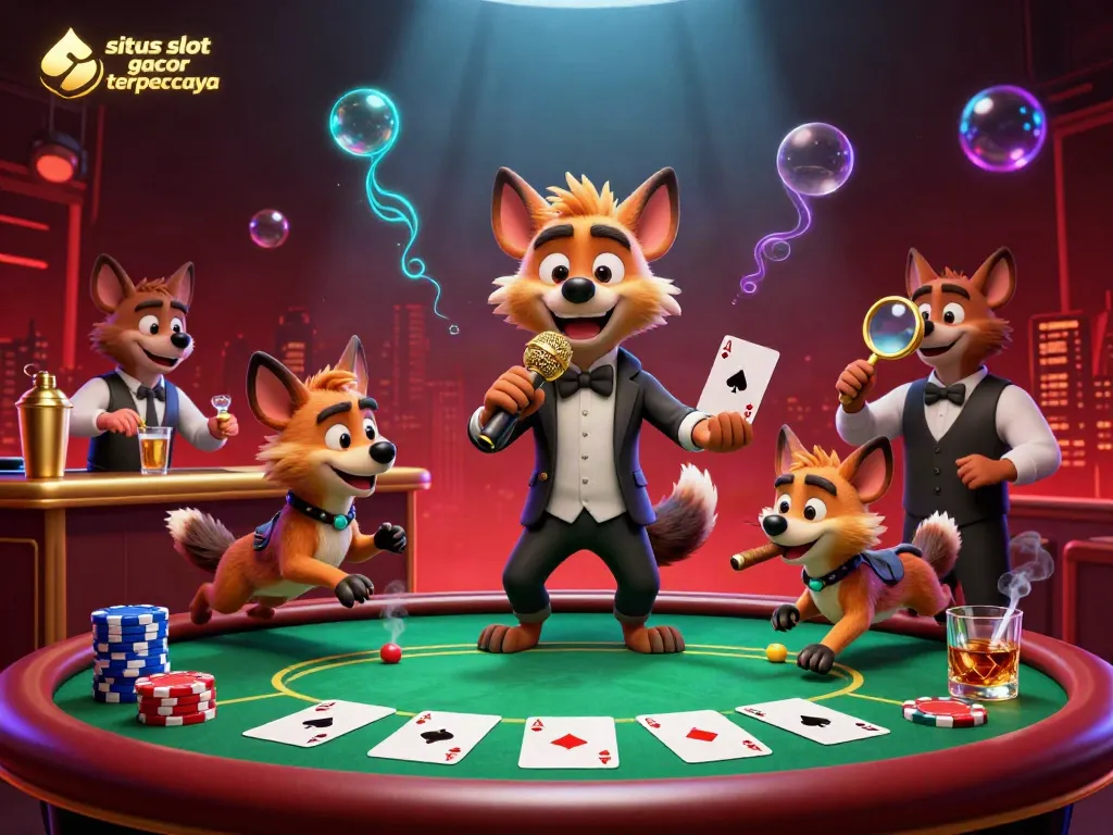 This vibrant illustration of a casino highlights the lively scene of hyenas at a comedy club, embodying situs slot gacor terpercaya.