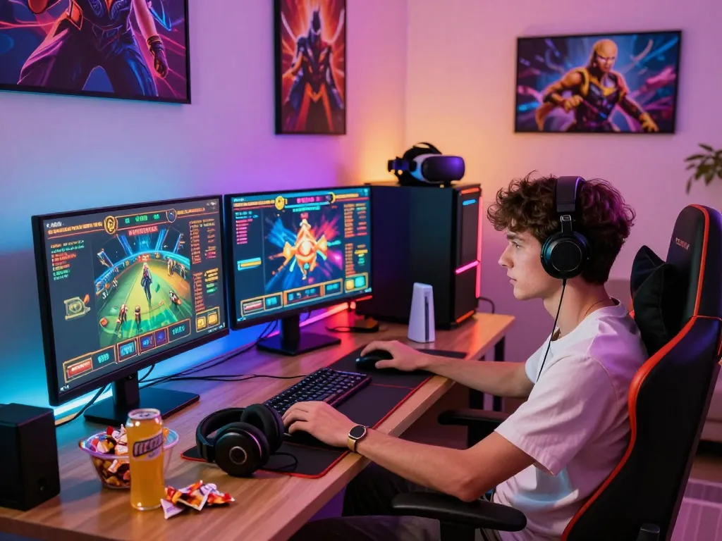 Engaged gamer immersed in MM88 online casino games in a modern gaming room.