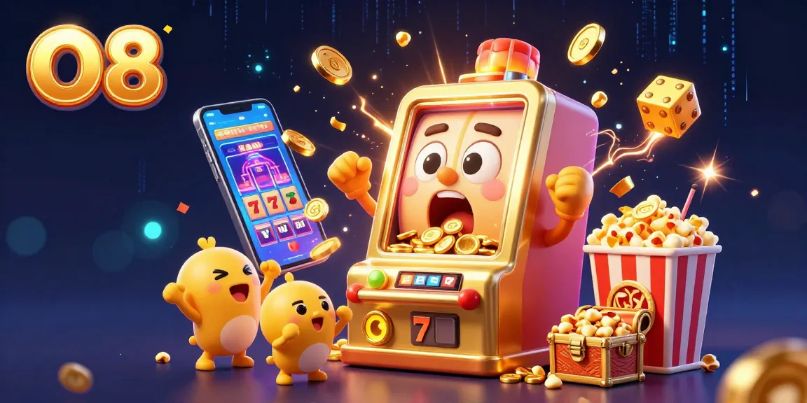 Experience the thrill of O8 as the golden slot machine celebrates its jackpot amidst a lively casino scene filled with coins and excitement.