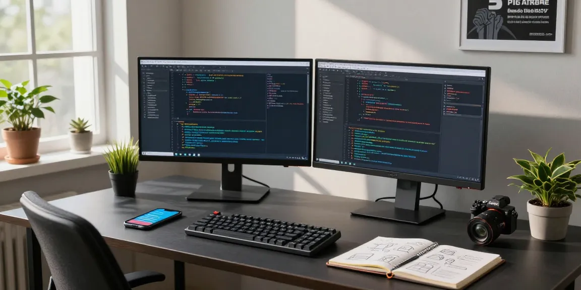 快连 software developer coding in a modern workspace with dual monitors, highlighting tech innovation and productivity.