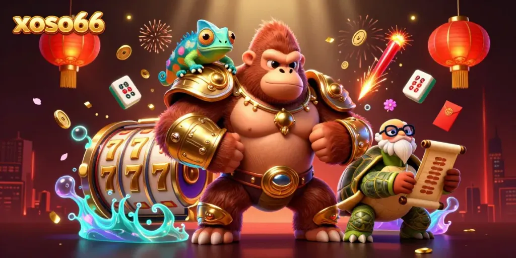 Engage with the thrilling world of xoso66 through a vibrant illustration capturing a gorilla in golden armor, symbolizing strength while surrounded by rich casino-themed elements.