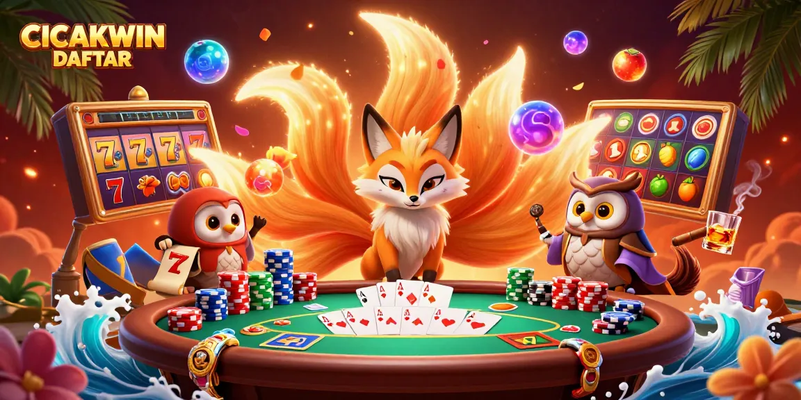 Experience the thrill of gaming with the vibrant CICAKWIN DAFTAR scene showcasing slot reels, glimmering poker chips, and more.
