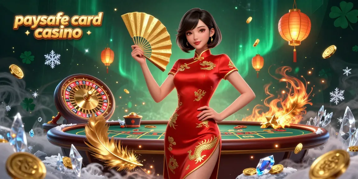 Eine lebendige Illustration eines Paysafe Card Casinos mit einer selbstbewussten asiatischen Frau in einem crimson Kleid, goldenen Münzen und dynamischen Spielelementen.