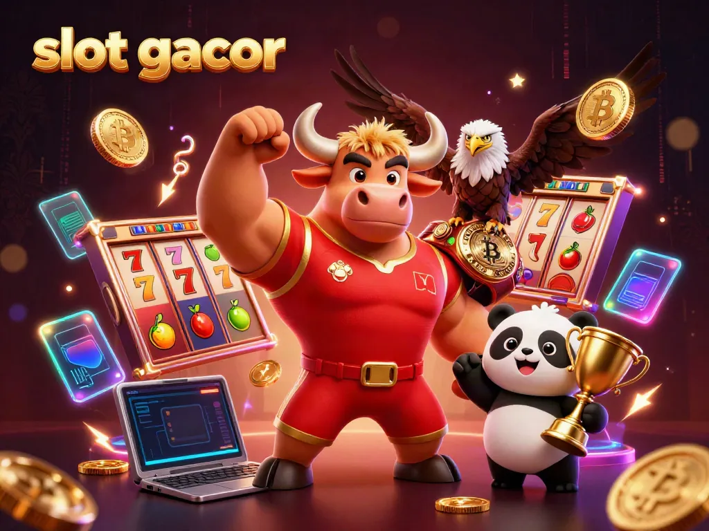 Experience slot gacor excitement with a bull mascot, eagle, and panda in a vibrant casino scene.