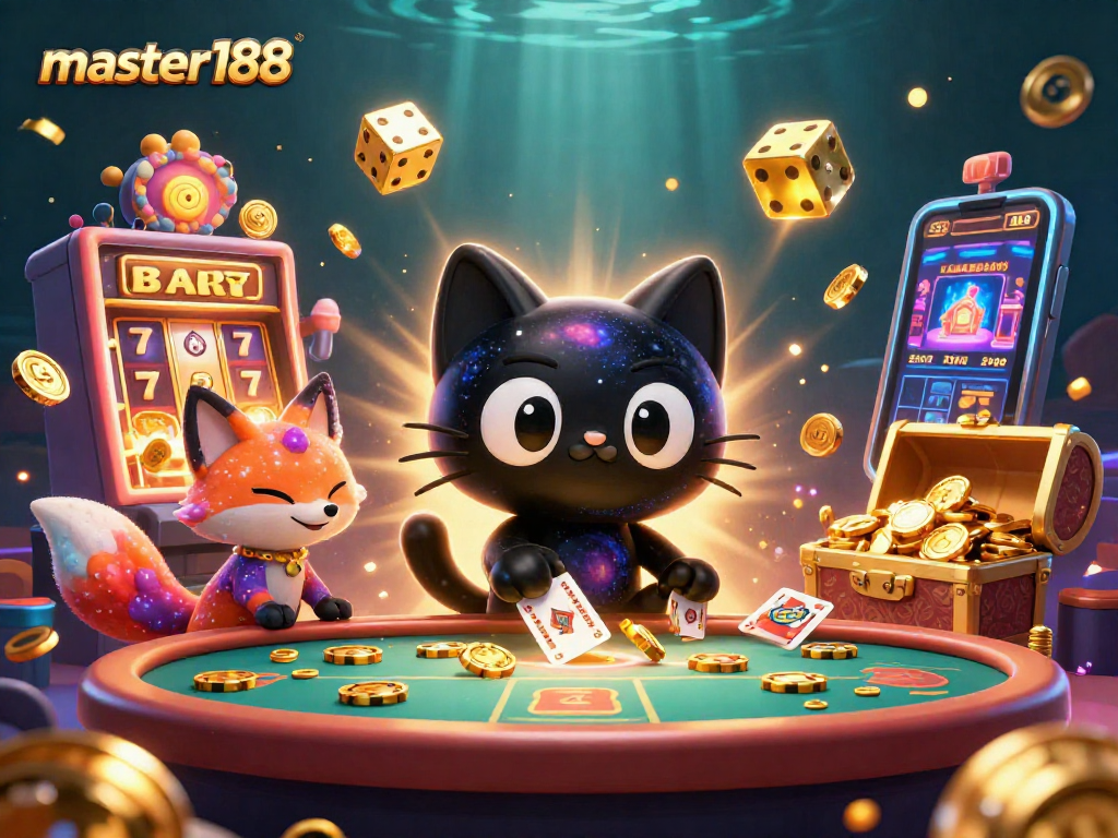Experience thrilling wins at master188 with a cosmic casino scene featuring a black hole cat and slot machine.