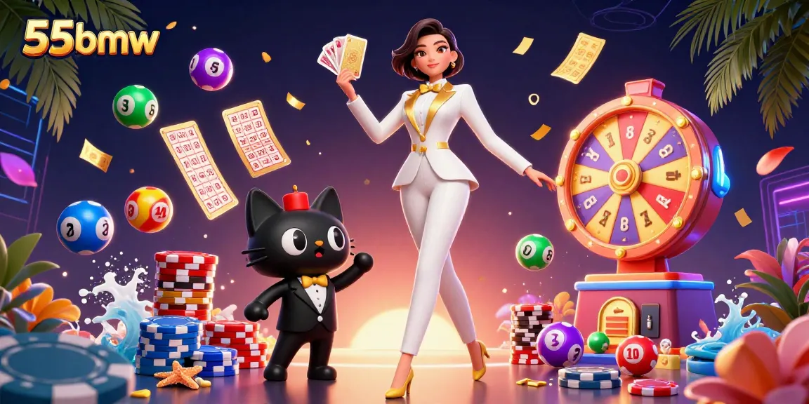 Play casino games at 55bmw while shuffling cards, surrounded by festive gaming elements.