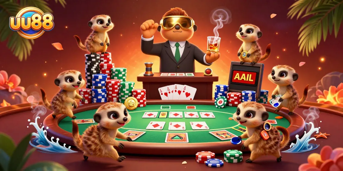 Engage with uu88's virtual casino experience featuring quirky meerkats in a lively gaming scene.