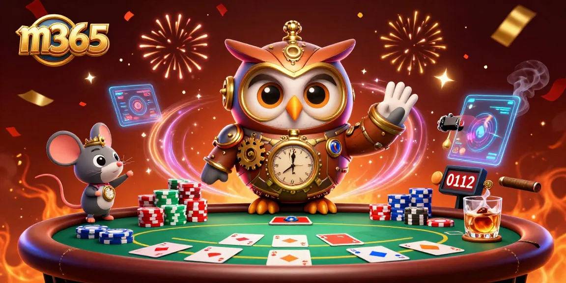 Experience thrilling casino action with m365 as a steampunk owl and clockwork mouse navigate a vibrant gaming scene.