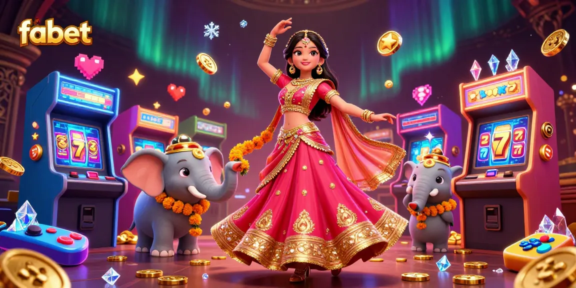 Experience thrilling gameplay with fabet's vibrant casino arcade scene featuring a stunning Bollywood dancer.