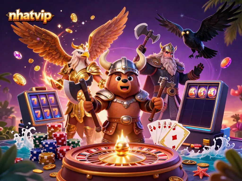 Cascade coins while playing at nhatvip casino with Viking characters in an energetic scene.