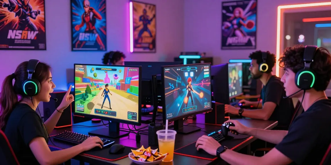 Players immersed in an ecchi simulator game environment, showcasing vibrant gaming setups and dynamic interactions.
