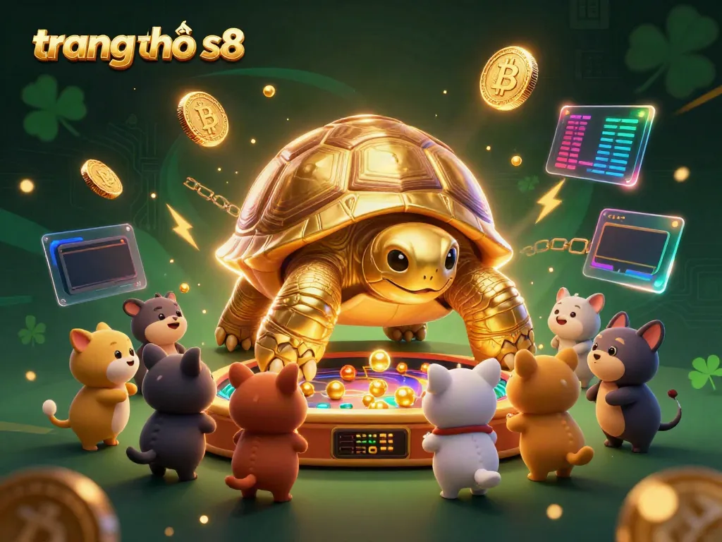 Engage with the vibrant scene of trang chủ s8 featuring a colossal golden tortoise as a pinball machine surrounded by cryptocurrency elements and excited animals.
