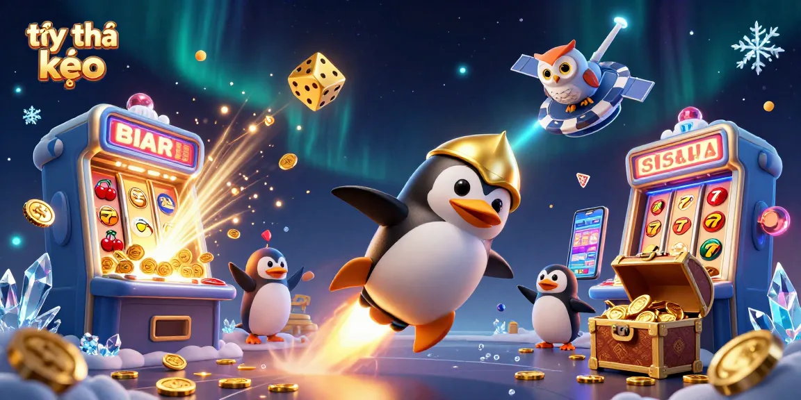 Experience tỷ lệ kèo with golden penguin soaring through a dynamic casino-themed space scene.