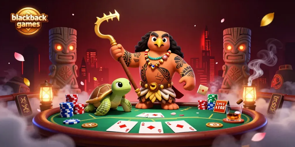Engaging scene of blackjack games featuring a demigod hawk and tiki statues in a vibrant casino setting.