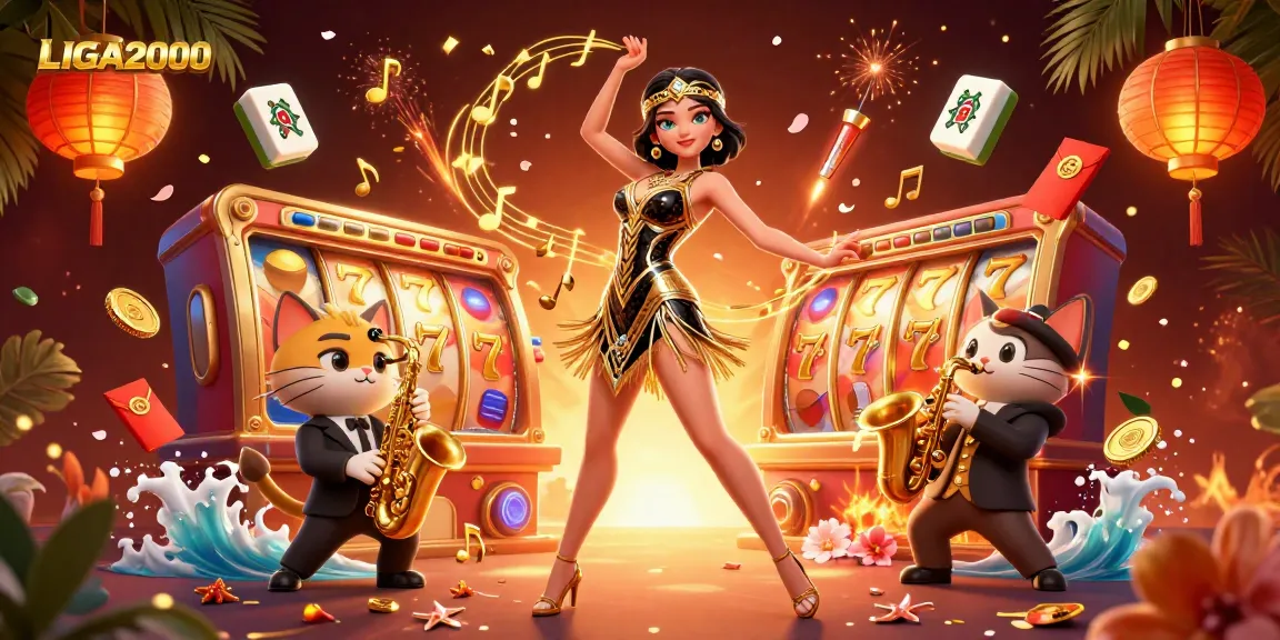 Scene permainan slot LIGA2000 yang menarik dengan kegembiraan, menampilkan gulungan dinamis, karakter 3D, dan elemen festival.