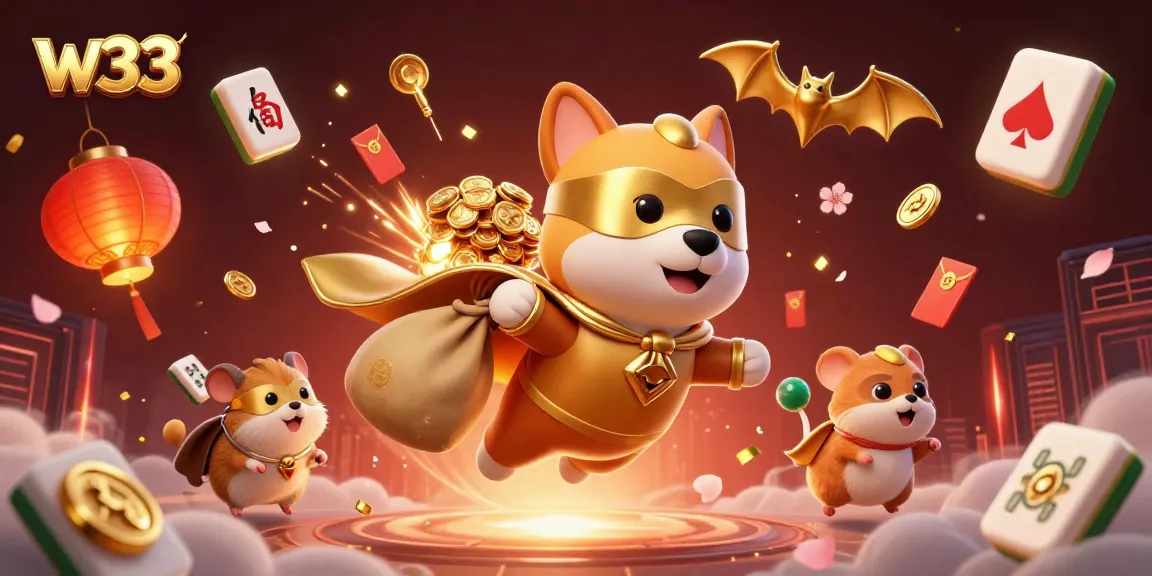 Spin big wins at w33 Casino with an epic superhero dog and hamster duo in a vibrant 3D illustration.