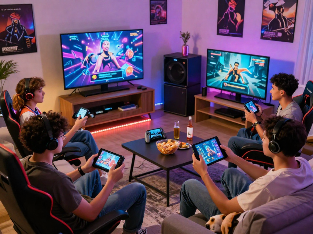 A group of friends enjoying lewdspot-themed adult games on various devices in a vibrant living room.