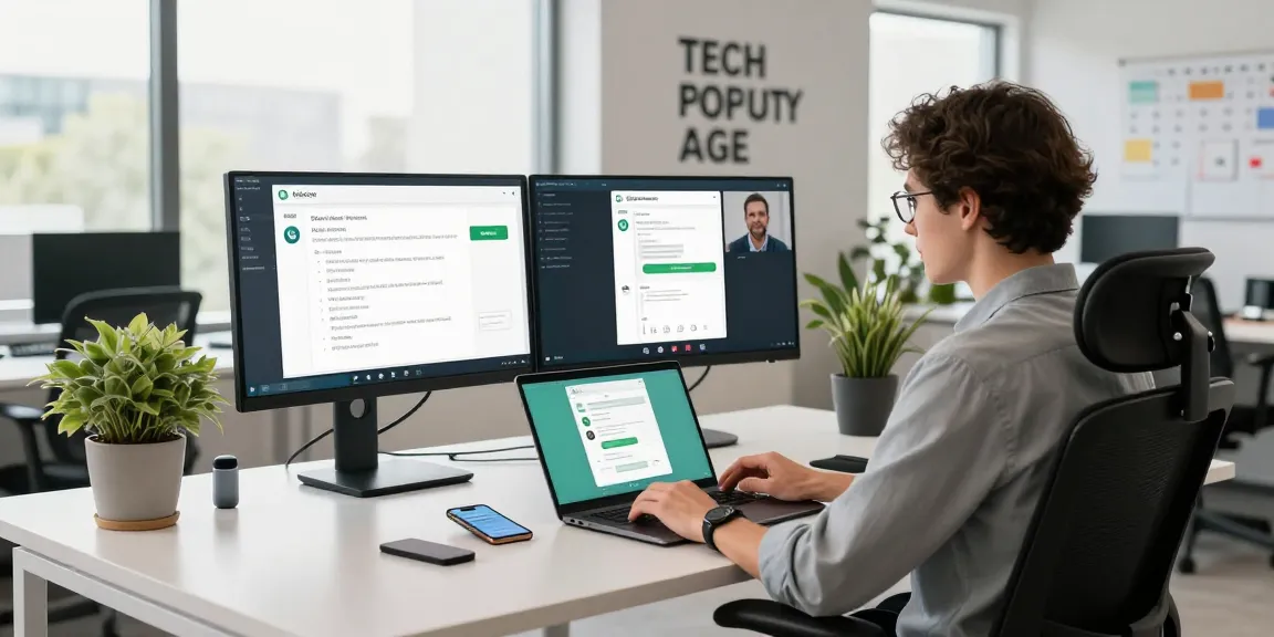 User exploring WhatsApp網頁版 on a modern tech desk setup surrounded by productivity tools.