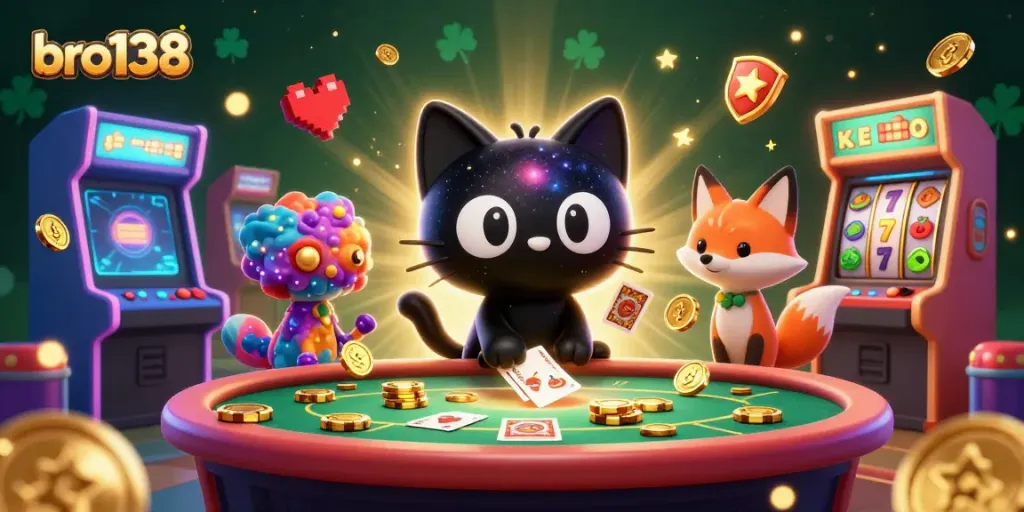 Bro138's cosmic casino scene with a black hole cat and nebula fox capturing winnings in a vibrant digital environment.