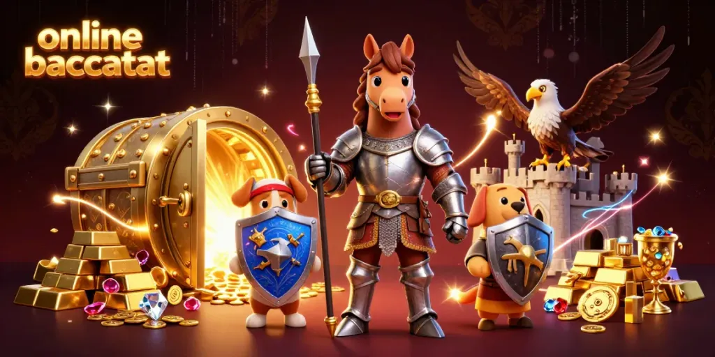 Experience online baccarat with a medieval knight, squire puppy, and falcon in a dynamic casino scene.