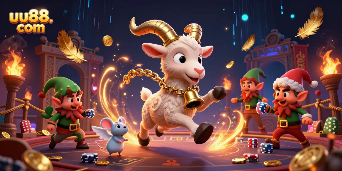 Experience immersive gaming at uu88. com with festive characters in a vibrant casino scene.