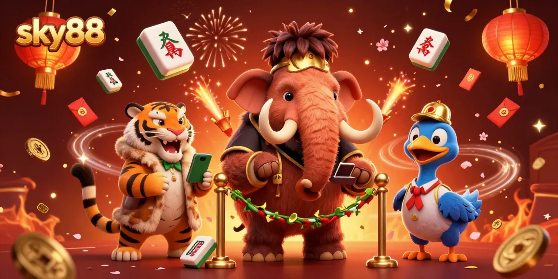 Experience sky88 excitement with a vibrant casino scene featuring whimsical characters and festive elements.