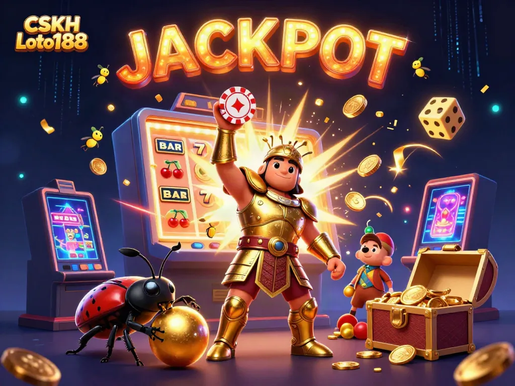 Engage in excitement with CSKH Loto188 as a heroic beetle lifts a winning poker chip amidst a casino jackpot!