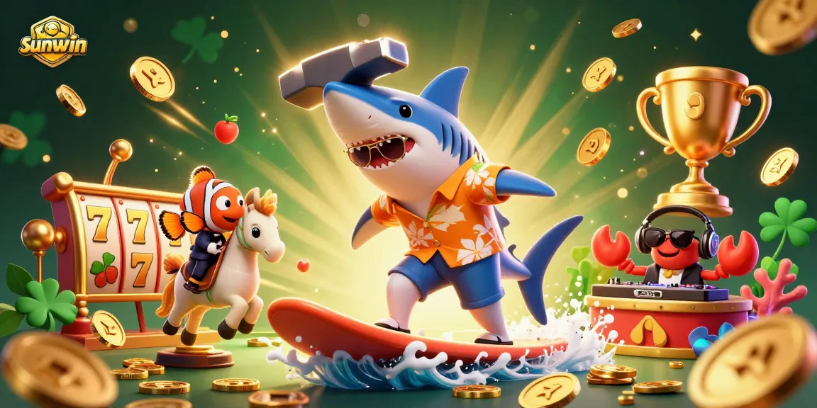 Experience sunwin with vibrant casino action featuring a DJ crab, shark surfer, and slot elements.