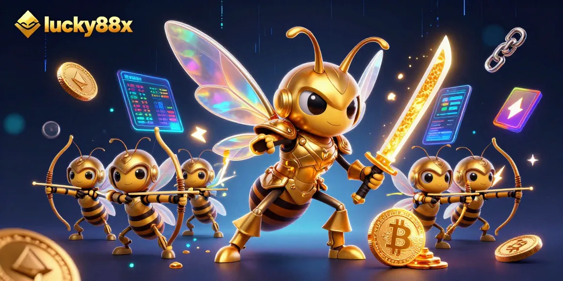 Experience thrilling gameplay with lucky88x in this vibrant casino illustration featuring dynamic characters and cryptocurrency elements.