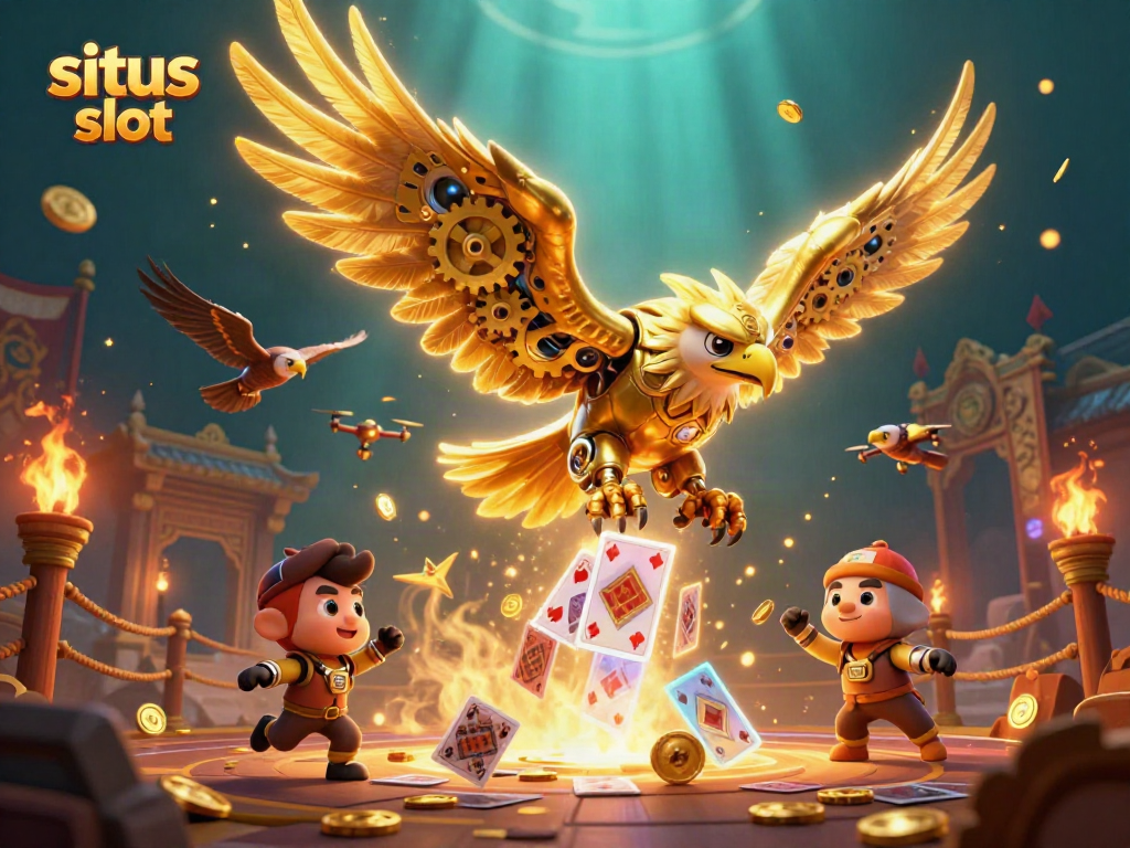 Engage in thrilling situs slot action with a cybernetic eagle amidst dynamic casino elements.