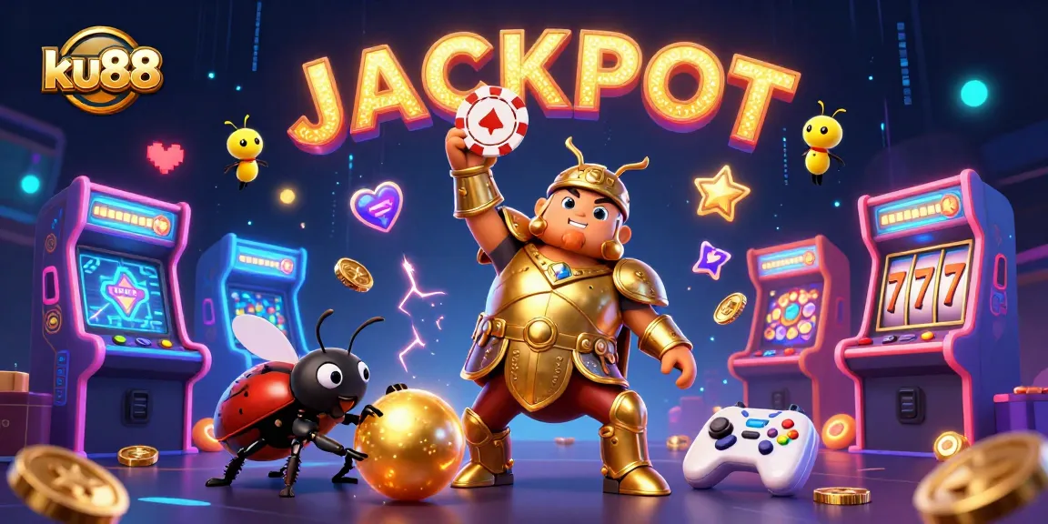 Experience the excitement of ku88 with a vibrant 3D illustration showcasing a beetle victorious in a casino atmosphere.