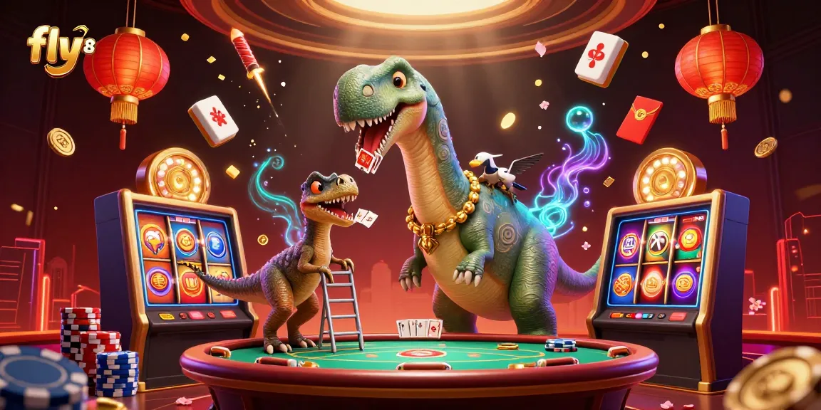 Experience the vibrant energy of fly 88 as a brontosaurus oversees a lively casino scene with cards and slot reels.
