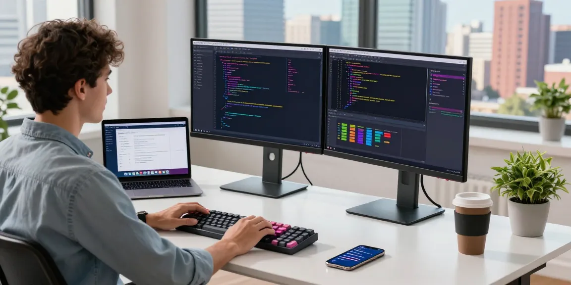 快连 developer working at a modern workspace with dual monitors and coding tools.