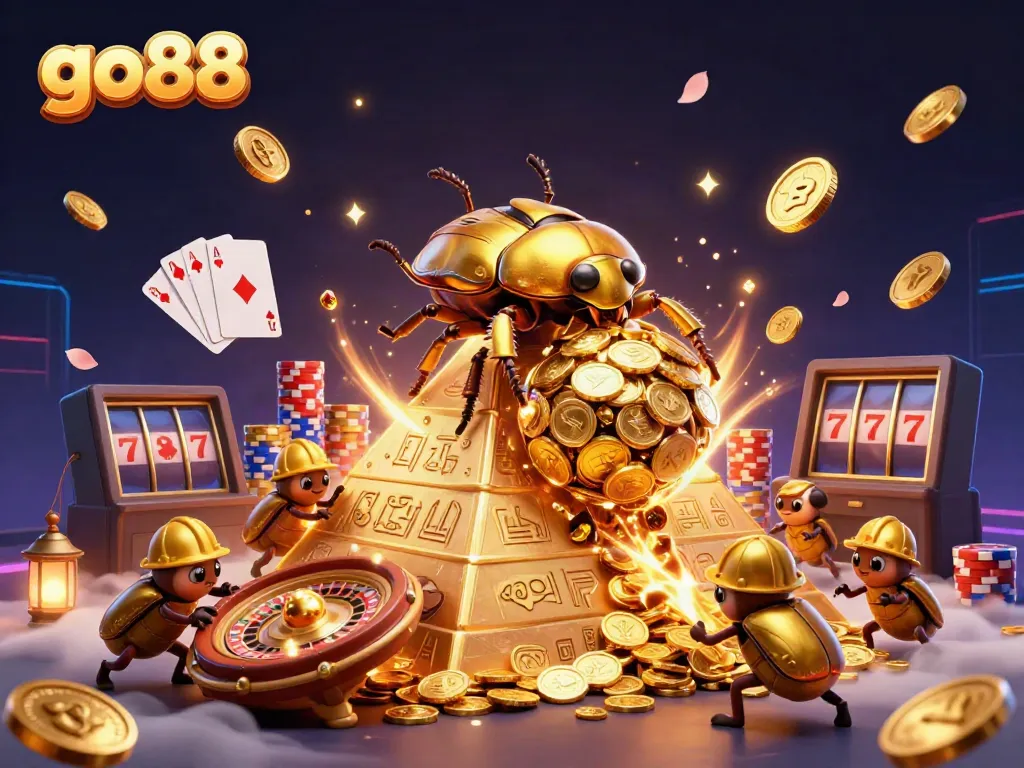 Experience the excitement of go88 with a dazzling scene of golden coins, casino symbols, and animated characters.