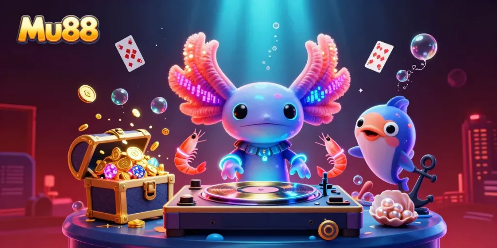 Mu88 showcases an energetic underwater casino with vibrant characters and gaming elements, perfect for dynamic engagement.