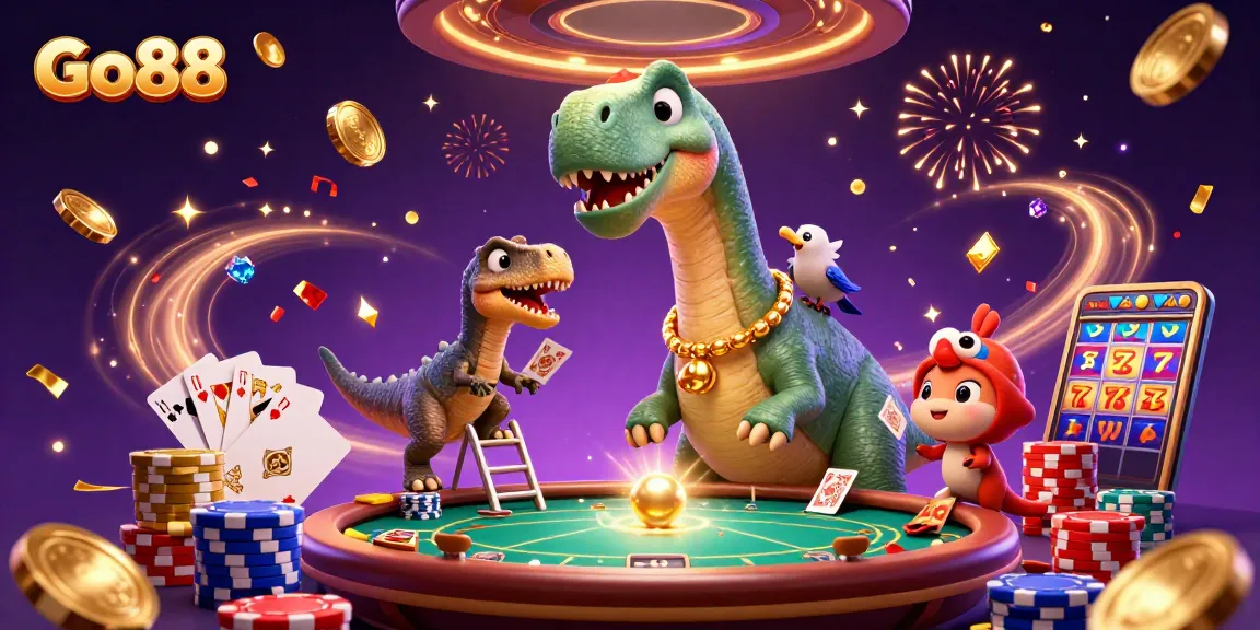 Experience exciting gameplay at Go88 with vibrant casino characters amidst sparkling treasures.