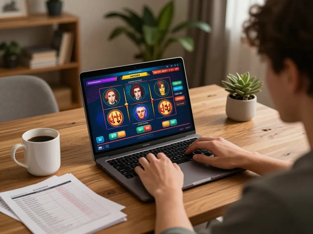 A person playing on mm88star online casino platform with notes and coffee mug nearby.