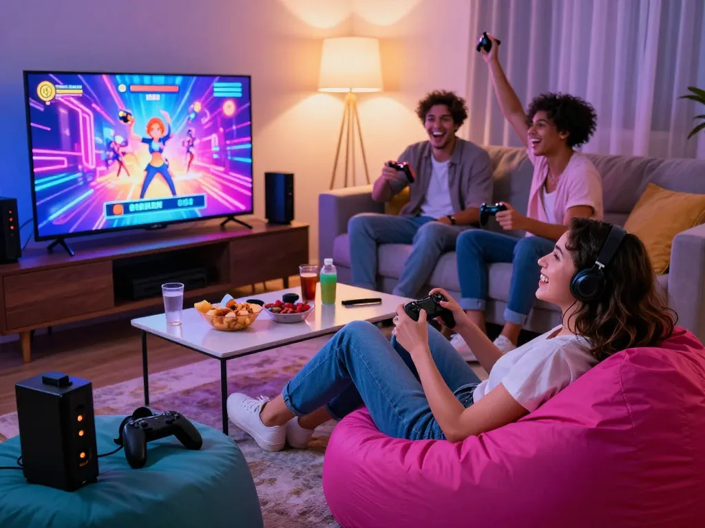 Group playing game sex in cozy living room with vibrant graphics and laughter