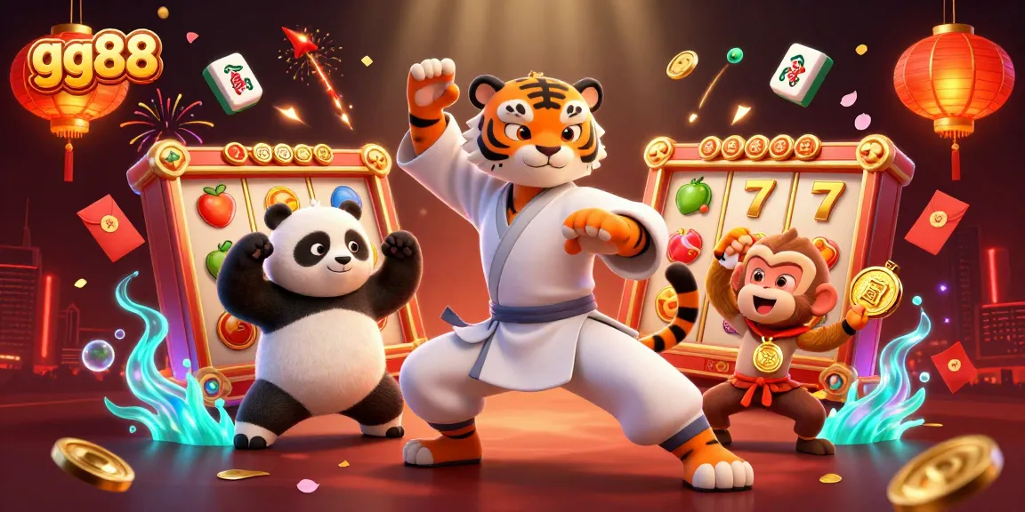 Spin to win with gg88 in this vibrant 3D casino scene featuring a kung fu tiger, panda, and lucky symbols.