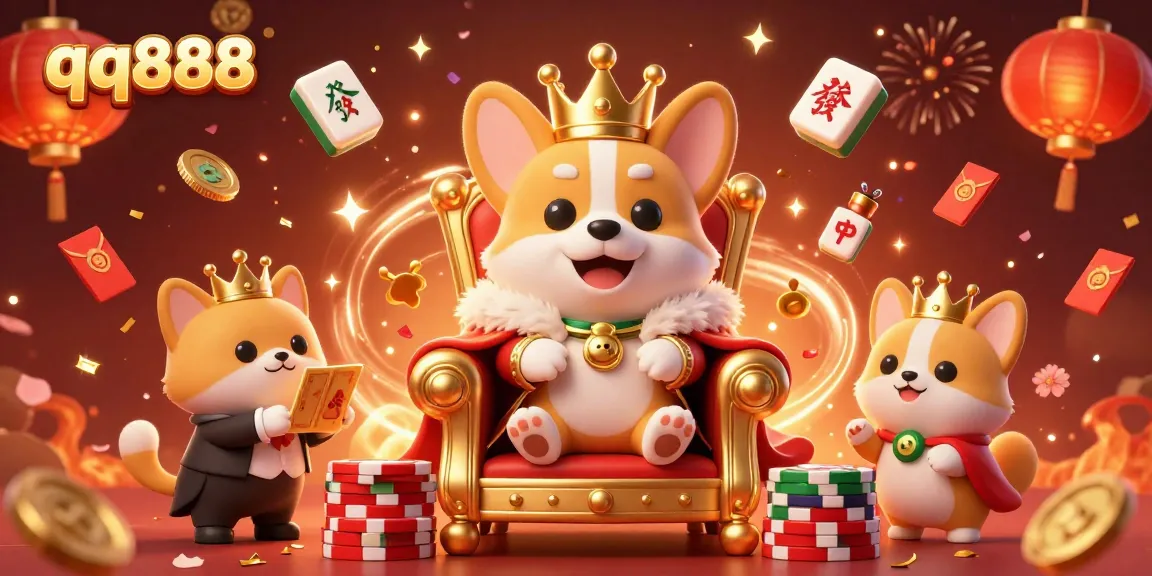 Engage with the vibrant, royal QQ888 gambling scene featuring a corgi king and festive elements.
