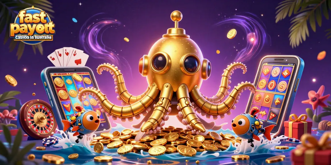 Experience fast payout casinos in Australia with vibrant 3D kraken submarine amidst golden coins and gaming elements.