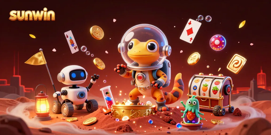 Sunwin casino illustration featuring a Martian gecko discovering treasure with gaming elements.