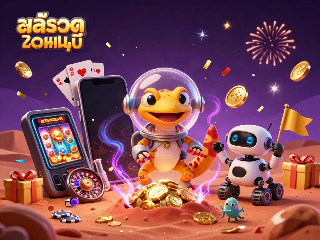 Explore the excitement ofสล็อตออนไลน์ with a Mars-themed casino illustration featuring a gecko astronaut and vibrant gaming elements.