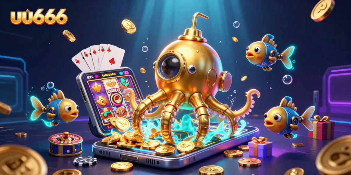 Engage in thrilling slots with uu666, featuring a vibrant kraken submarine amidst golden coins and dynamic casino elements.